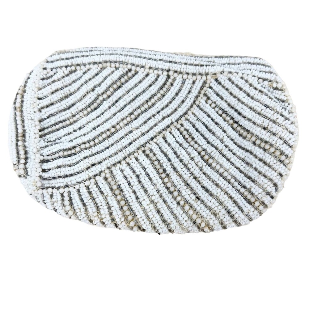 Vintage Gold White &‎ Cream Micro Beaded Handmade Clutch Zipper Closure
